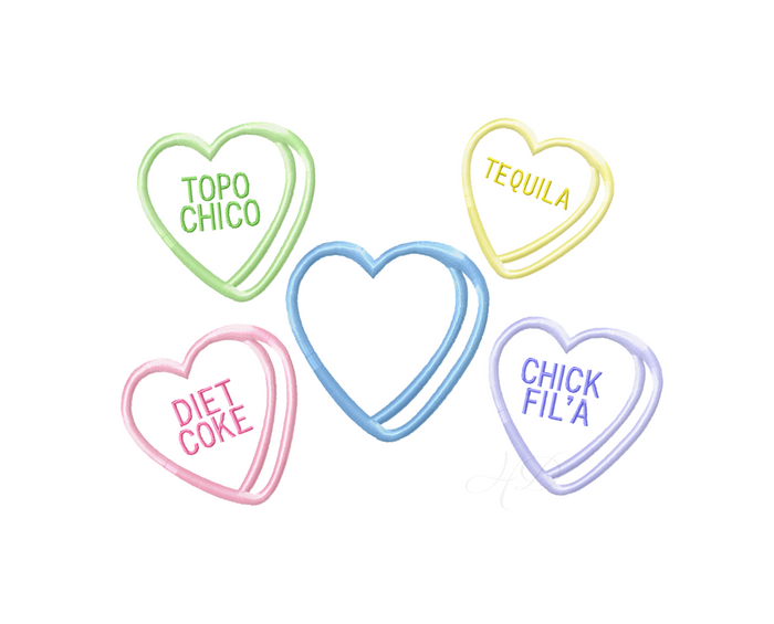 Candy Heart Embroidery Design Package with customizable fonts