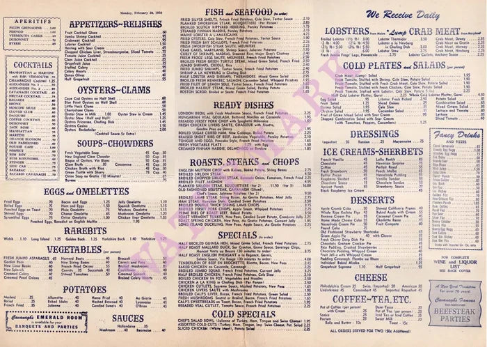 Cavanagh's, New York 1950 menu