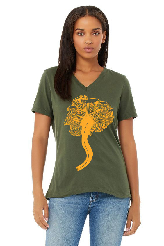 Chanterelle T-Shirt - Ladies Cut Women's Military Green 100% Cotton V-Neck tee
