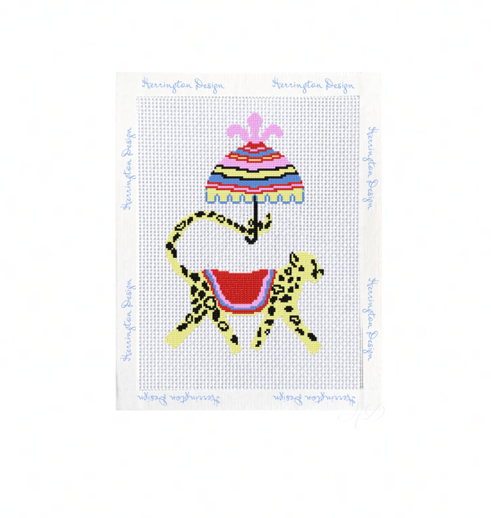 Cross-stitch pattern with a colorful umbrella and cheetah design on a white background