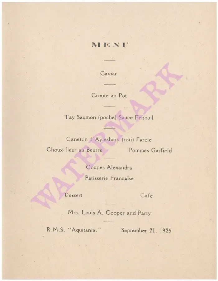 Cunard R.M.S. Aquitania, 1925 Menu