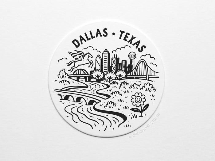 This Dallas Texas Skyline Letterpress Coaster Set by Onderkast Studio features a black and white circular illustration of Dallas with buildings, bridges, Pegasus, Reunion Tower, trees, and river—ideal for stylish tabletop decor.