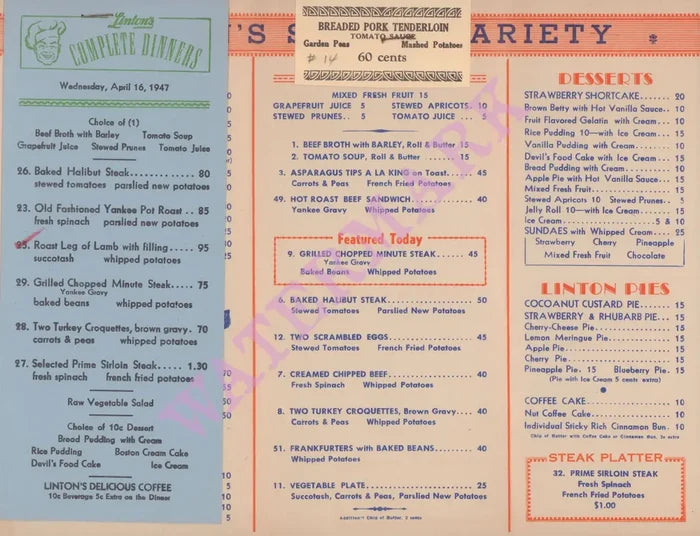 "Delicious Coffee", Linton's Philadelphia 1947 Menu