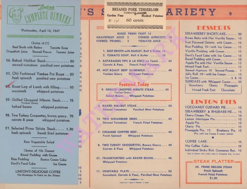 "Delicious Coffee", Linton's Philadelphia 1947 Menu