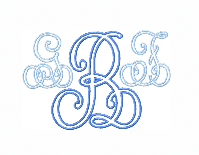 Eliza Outline Embroidery Font for monogramming in various sizes.