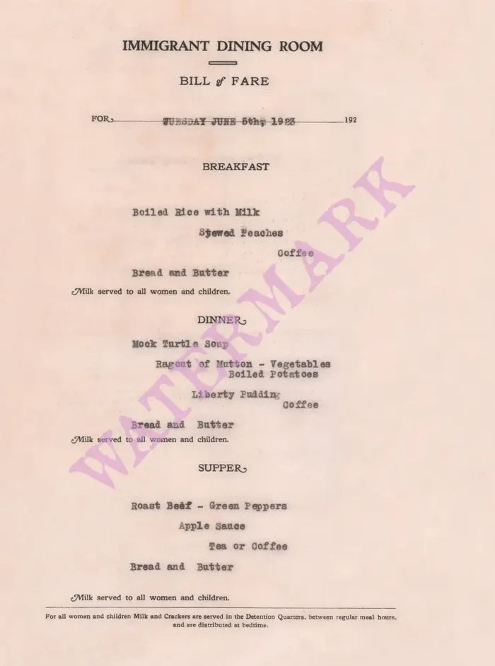 Ellis Island Immigrant Dining Room Menu 1923
