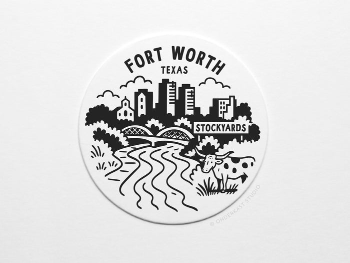 Black and white city skyline with river, cow, houses, and Fort Worth Texas Stockyards in bold—ideal for the Fort Worth Texas Skyline Letterpress Coaster Set by Onderkast Studio, or recyclable kraft box packaging.