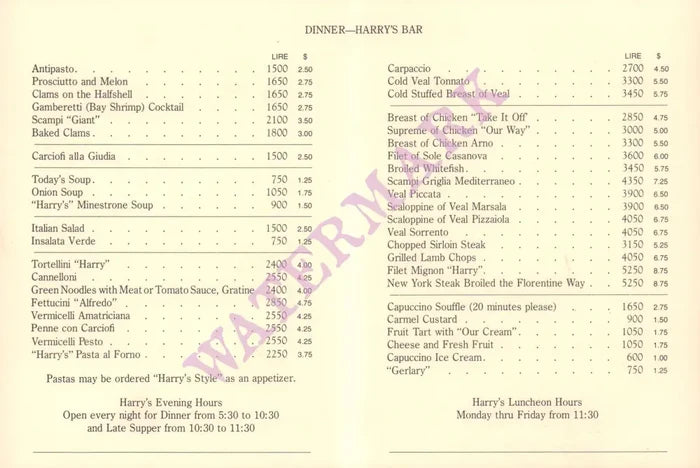 Harry's Bar, Florence 1990s Menu