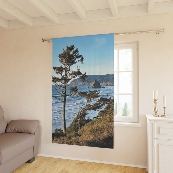 Haystack Rock from 101 Window Curtain | Coastal Beach Scene Curtain