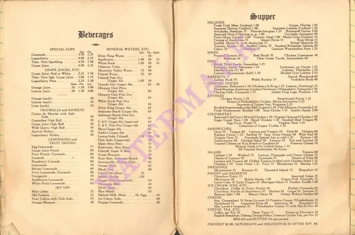 Hotel Coronado, St Louis 1920s Prohibition Menu