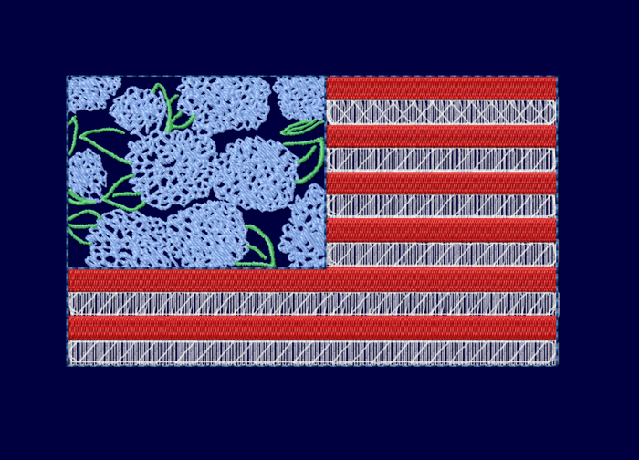 American flag design with floral pattern on a dark blue background
