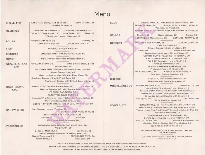 Lehigh Valley Railroad Black Diamond Express Circa 1910 Menu