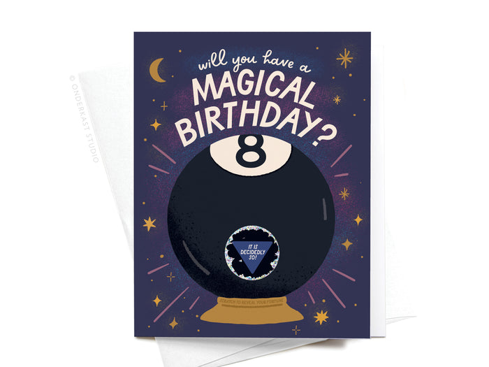The Magic 8-Ball Birthday Scratch-Off Greeting Card by Onderkast Studio features stars and a crescent moon, asks Will you have a magical birthday?—and reveals, It is decidedly so! A fun way to send birthday wishes.