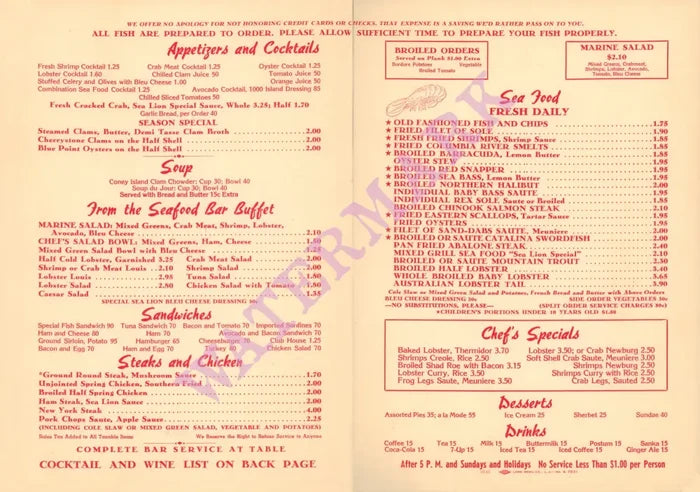 Malibu Sea Lion, Malibu 1960s Menu