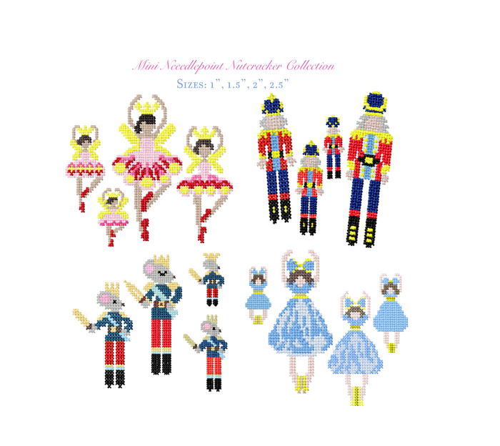 A product display sheet for a 'Mini Needlepoint Nutcracker Collection' showing various needlepoint designs of nutcrackers, ballerinas, and mice in colorful pixelated patterns. The sheet includes size text at the top and is set against a plain white background.