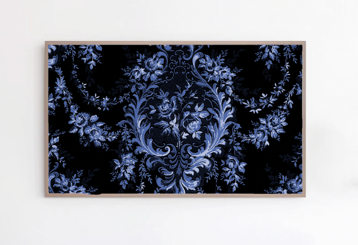 Navy Floral Toile Chinoiserie Chic Tapestry Frame TV Art