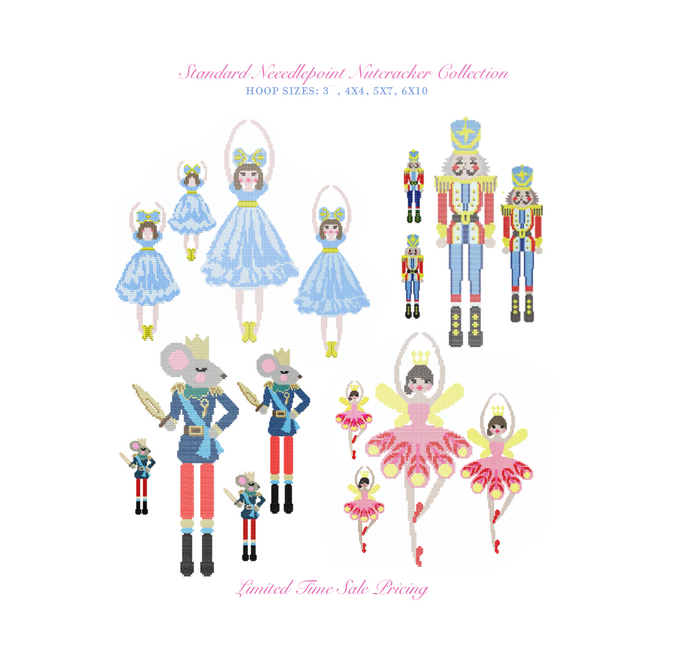 A product preview sheet for a needlepoint collection featuring nutcracker and ballerina characters. The sheet includes various embroidered-style character designs in blue, pink, red, yellow, and green, with text at the top reading 'Standard Needlepoint Nutcracker Collection' and hoop sizes listed, plus 'Limited Time Sole Pricing' at the bottom.