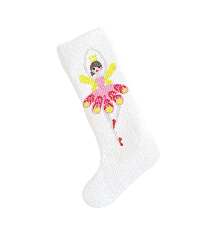 A white textured knit sock featuring an embroidered ballerina design in pink, yellow, and red, with a small gold crown.