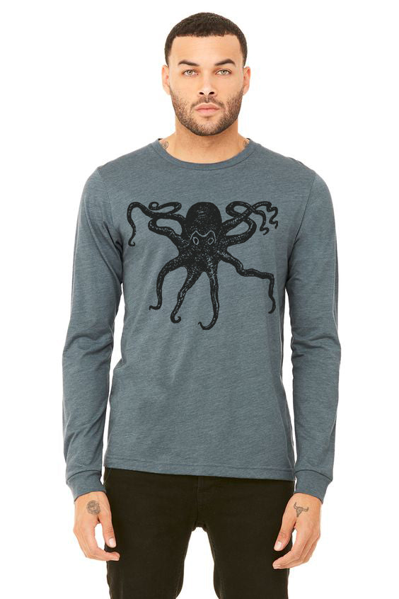Octopus Kraken T-Shirt - Long Sleeve Unisex Heather Slate and Carolina Blue