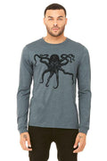 Octopus Kraken T-Shirt - Long Sleeve Unisex Heather Slate and Carolina Blue