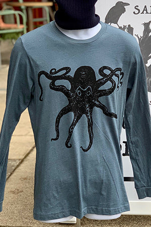 Octopus Kraken T-Shirt - Long Sleeve Unisex Heather Slate and Carolina Blue