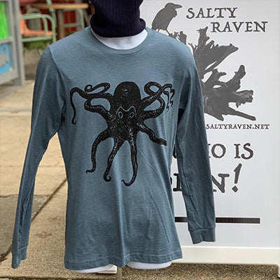 Octopus Kraken T-Shirt - Long Sleeve Unisex Heather Slate and Carolina Blue