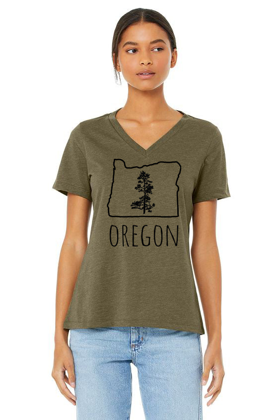 Oregon Pine Ladies Cut V-Neck T-Shirt - Women's Military Green