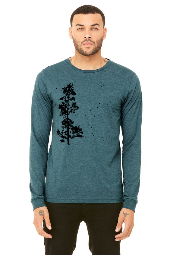 Pine Tree Flock T-Shirt - Long Sleeve Unisex Heather Deep Teal and Dark Grey