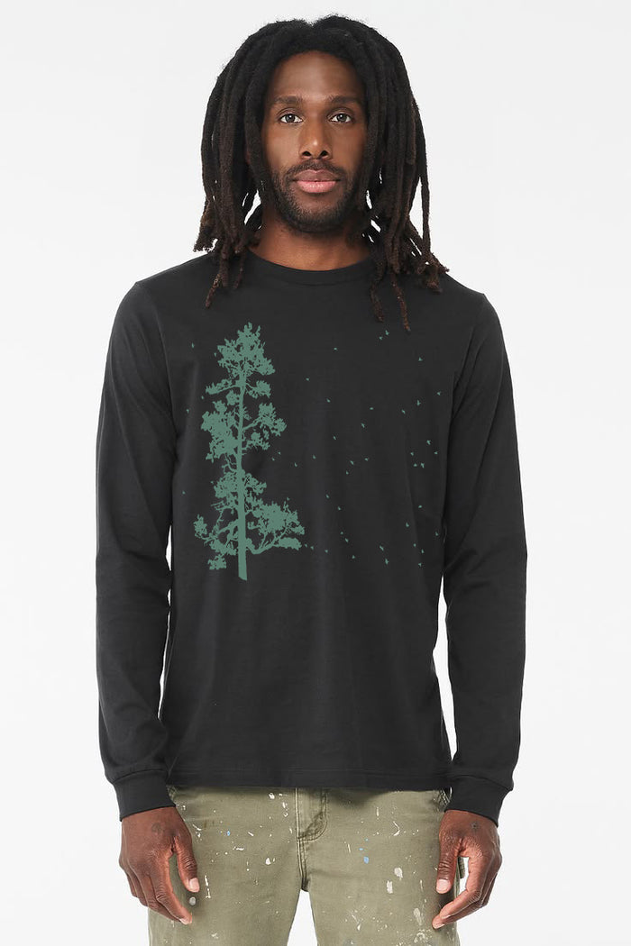 Pine Tree Flock T-Shirt - Long Sleeve Unisex Heather Deep Teal and Dark Grey