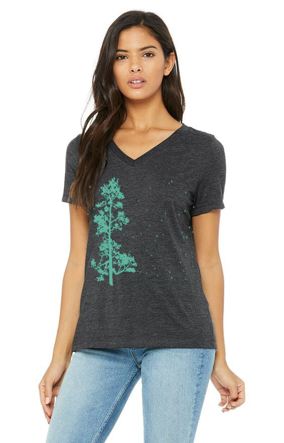 Pine Tree Flock V-Neck Tee - Women's Dark Grey Heather and Asphalt