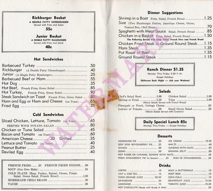 Rick's Rancho, Santa Maria 1950s Menu