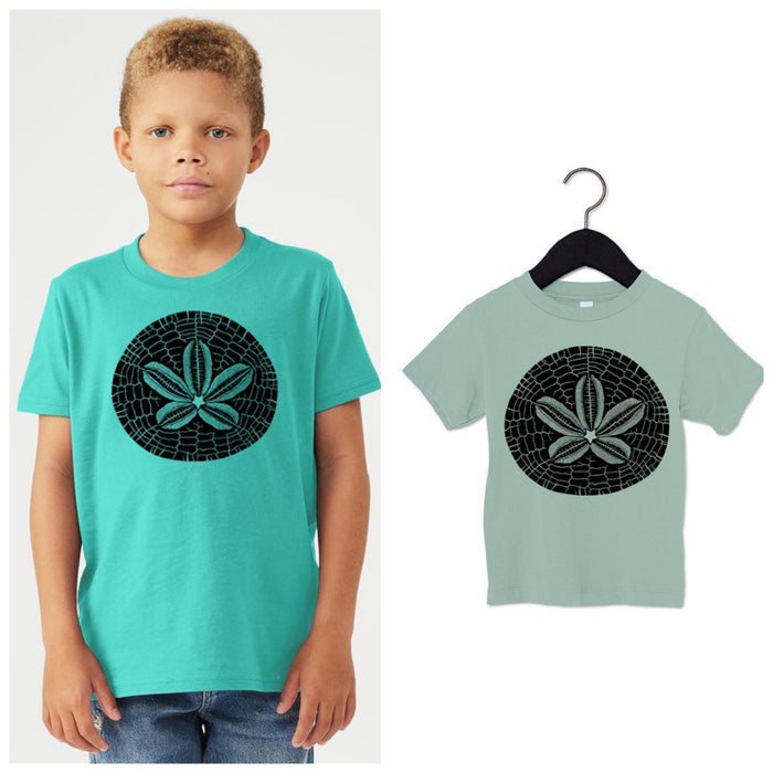 Sand Dollar - Toddler Dusty Blue & Youth T-Shirt Teal & Silver & Natural
