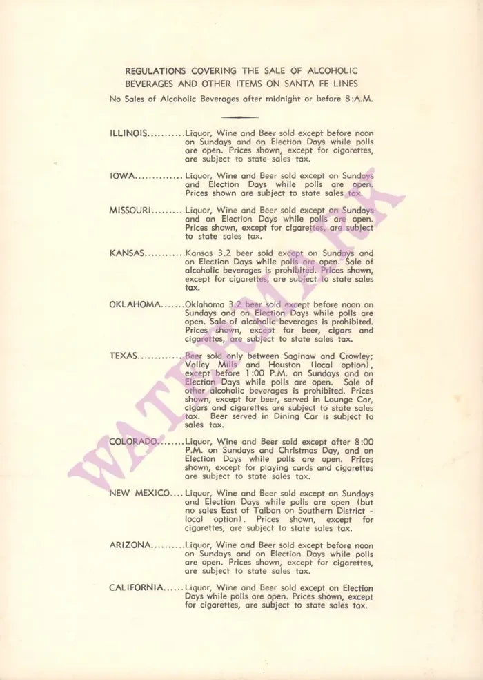 Santa Fe Railroad Drinks 1969 Vintage Americana Menus