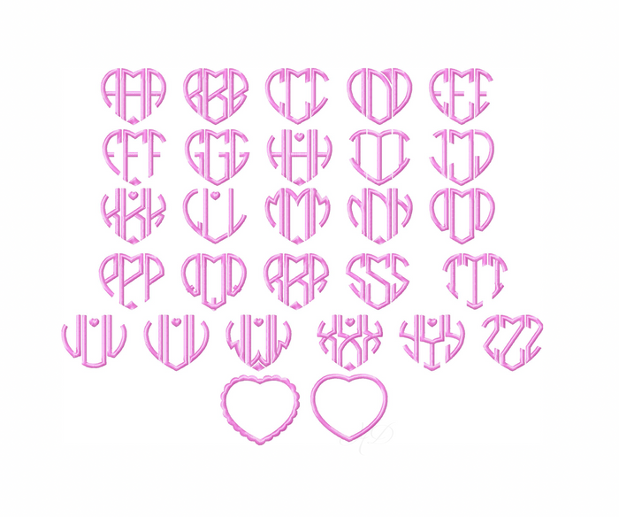 Satin Heart Monogram Embroidery Font 4x4