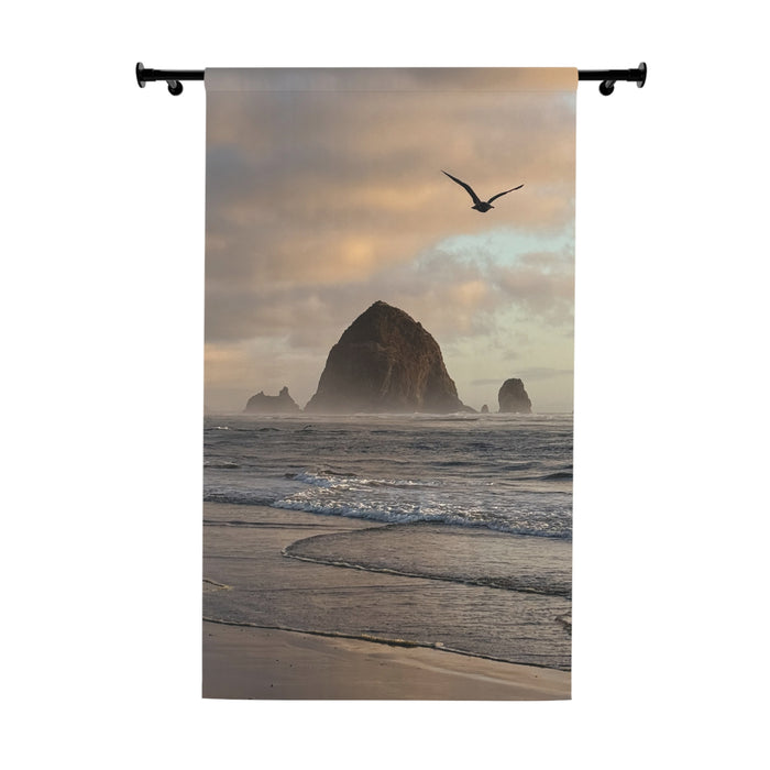 Seagull Over Haystack Rock Window Curtain | Coastal Beach Scene Curtain