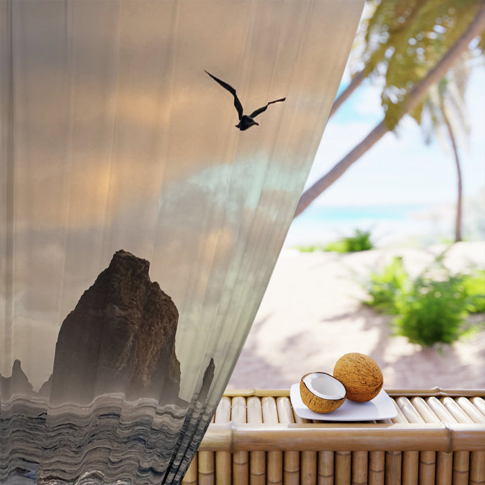 Seagull Over Haystack Rock Window Curtain | Coastal Beach Scene Curtain