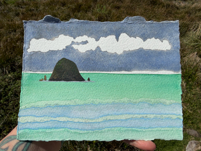 Seas of Green 11 x 14  - Original Haystack Rock Landscape Watercolor Paintings By Seasons Kaz Sparks