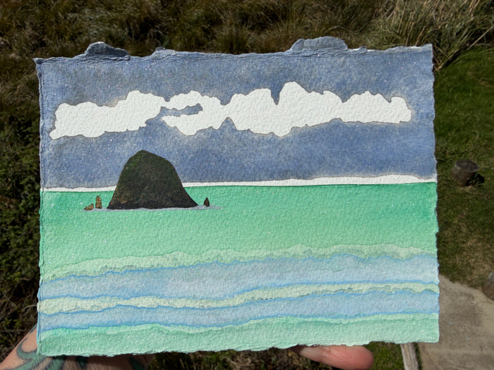 Seas of Green 11 x 14  - Original Haystack Rock Landscape Watercolor Paintings By Seasons Kaz Sparks