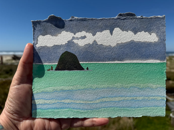 Seas of Green 11 x 14  - Original Haystack Rock Landscape Watercolor Paintings By Seasons Kaz Sparks