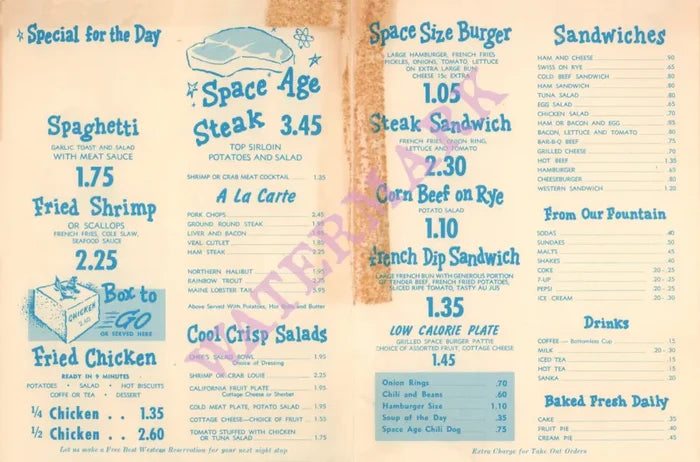 Space Age, Gila Bend AZ 1960s Menu