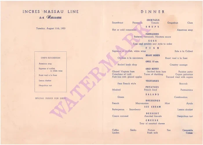 S.S. Nassau 1953 Menu