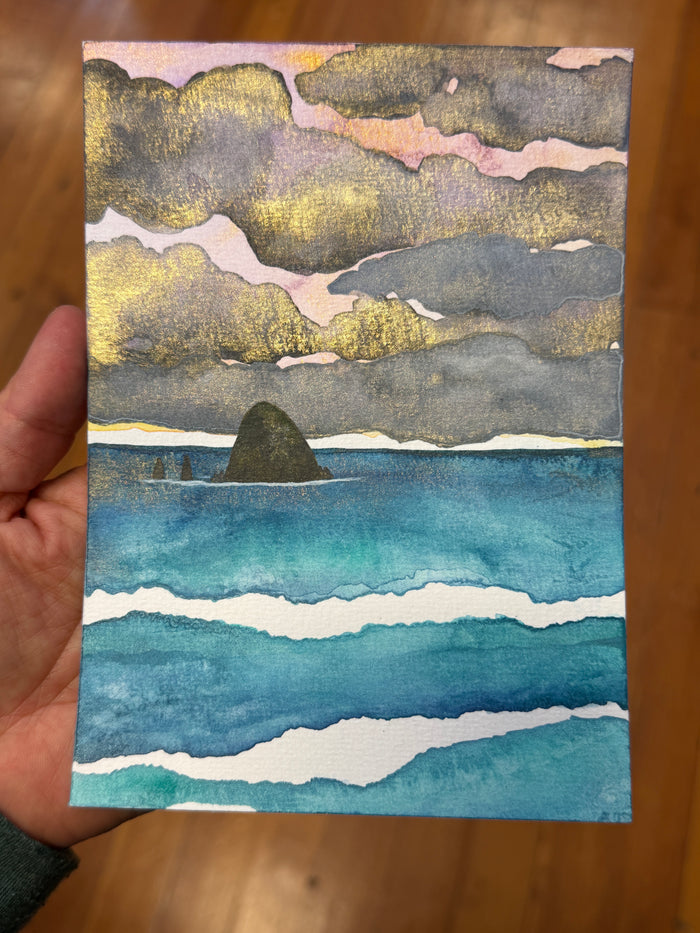 Storm Clouds Forming 11 x 14  - Original Haystack Rock Landscape Watercolor Paintings By Seasons Kaz Sparks