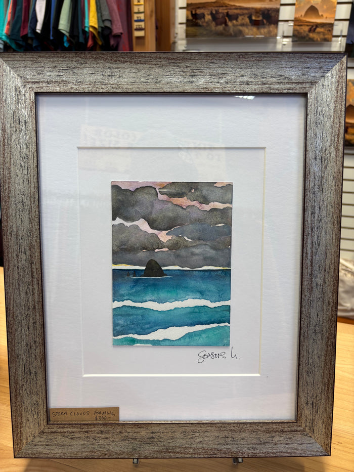 Storm Clouds Forming 11 x 14  - Original Haystack Rock Landscape Watercolor Paintings By Seasons Kaz Sparks