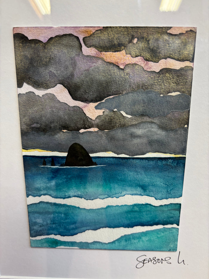Storm Clouds Forming 11 x 14  - Original Haystack Rock Landscape Watercolor Paintings By Seasons Kaz Sparks