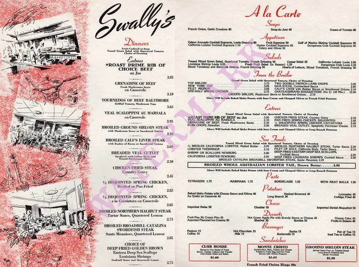 Swally's, Los Angeles 1959 Menu