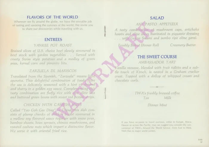 TWA 1970s in-flight menu