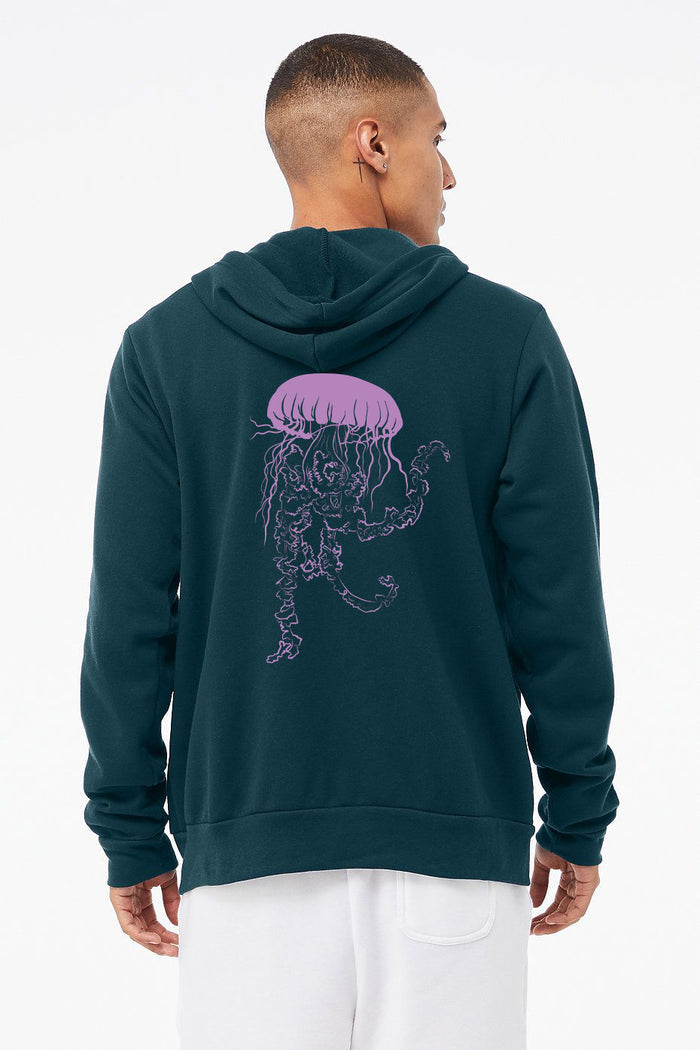 Vogue Jellyfish Deep Dark Aqua Purple Ultra Soft Sponge Fleece Zipped Hoodie