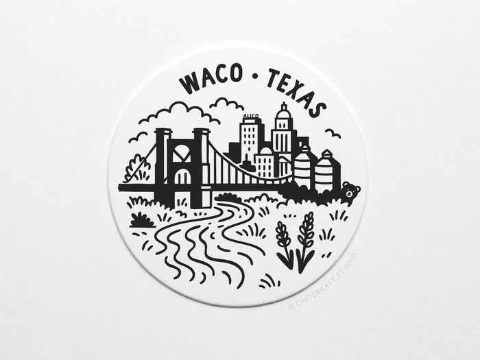 The Waco Texas Skyline Letterpress Coaster Set by Onderkast Studio features a black and white cityscape with Waco Texas above the skyline, bridge, silos, river, clouds, and foreground plants.