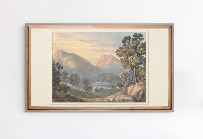 Watercolor Ink Wash Vintage Landscape with Gold Frame TV Art