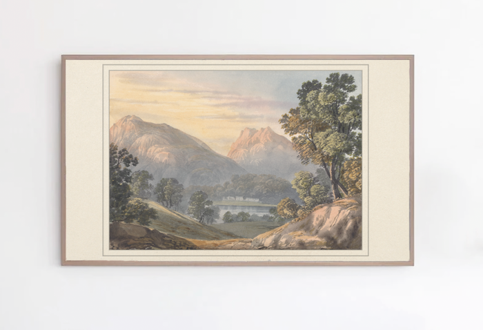 Watercolor Ink Wash Vintage Landscape with Gold Frame TV Art
